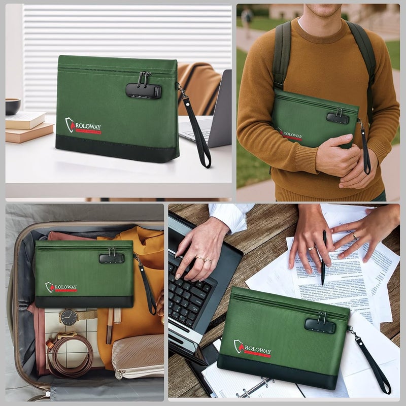 ROLOWAY Fireproof Money Bag with Lock for Cash, 6400°F Fire Proof Document Bag (12.2 x 8.5 x 1.6 inches), Money Pouch with Zipper (Green) - Image 5